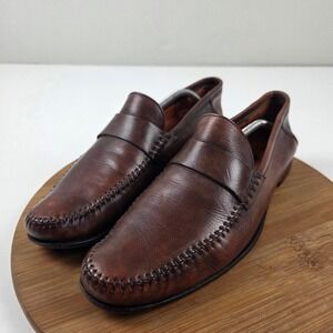 Santoni Brown Leather Stitched Loafer Shoes Mens Size 11 D Italy Slip ON